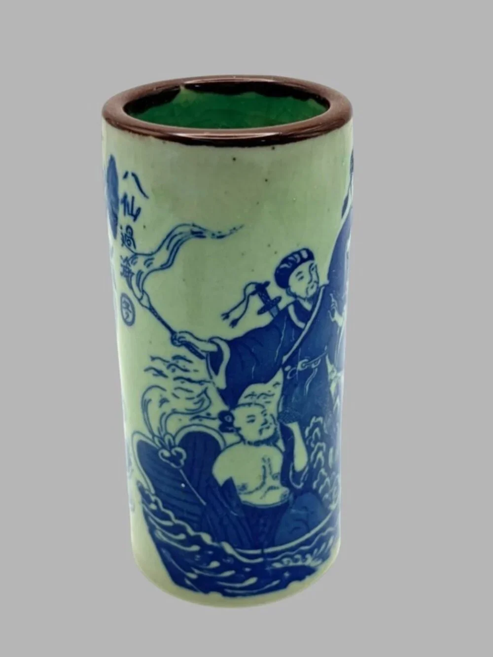 Vintage Kangxi Marked Jingdezhen Porcelain Blue White Celadon Brush Pot